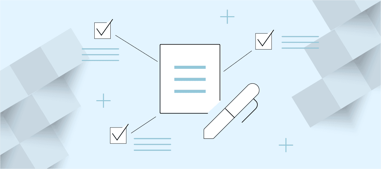 Graphic of document and pen with various check boxes intending to depict writing a market requirements document