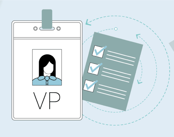 graphic of a new product VPs checklist and work badge