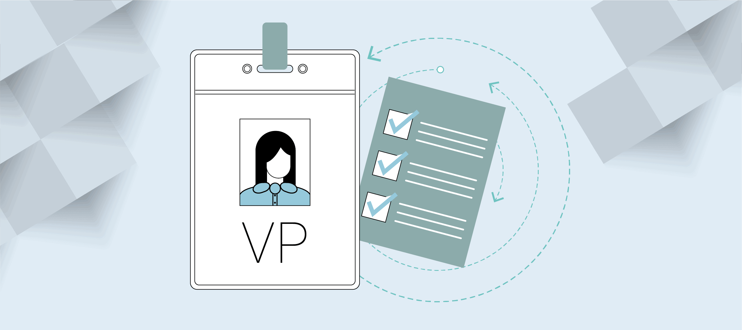 graphic of a new product VPs checklist and work badge