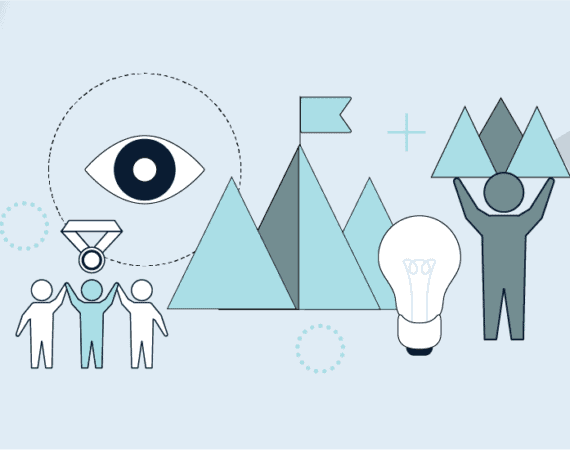 An illustration with mountains, a group of people, and a person leading them, illustrating the traits of an enduring product leader.