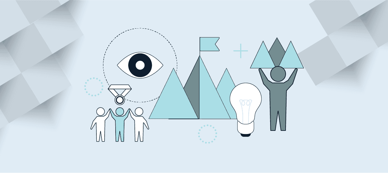 An illustration with mountains, a group of people, and a person leading them, illustrating the traits of an enduring product leader.