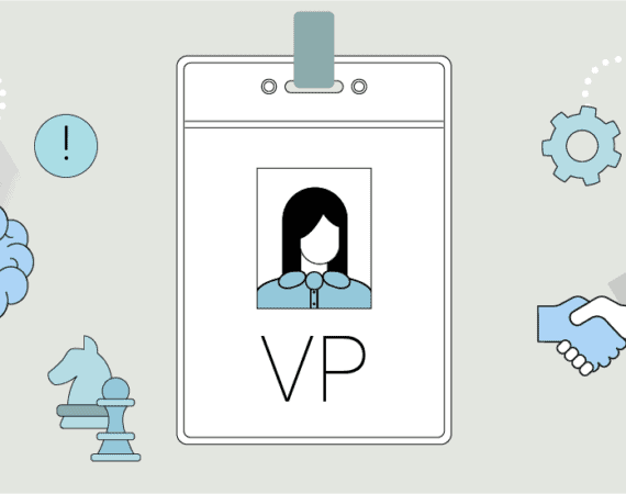 An illustration featuring an ID badge with a person pictured on it, and the title "VP" to represent the VP of Product.