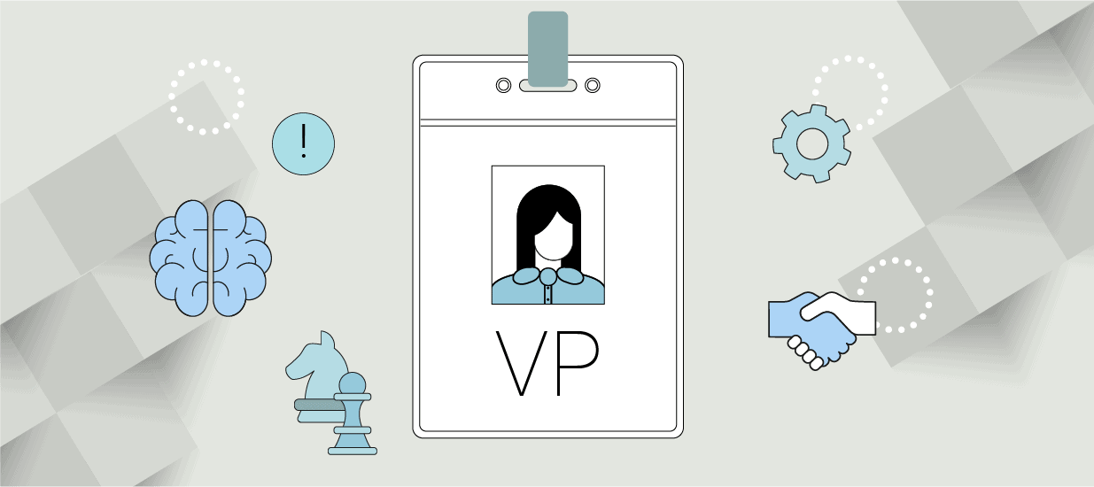 An illustration featuring an ID badge with a person pictured on it, and the title "VP" to represent the VP of Product.
