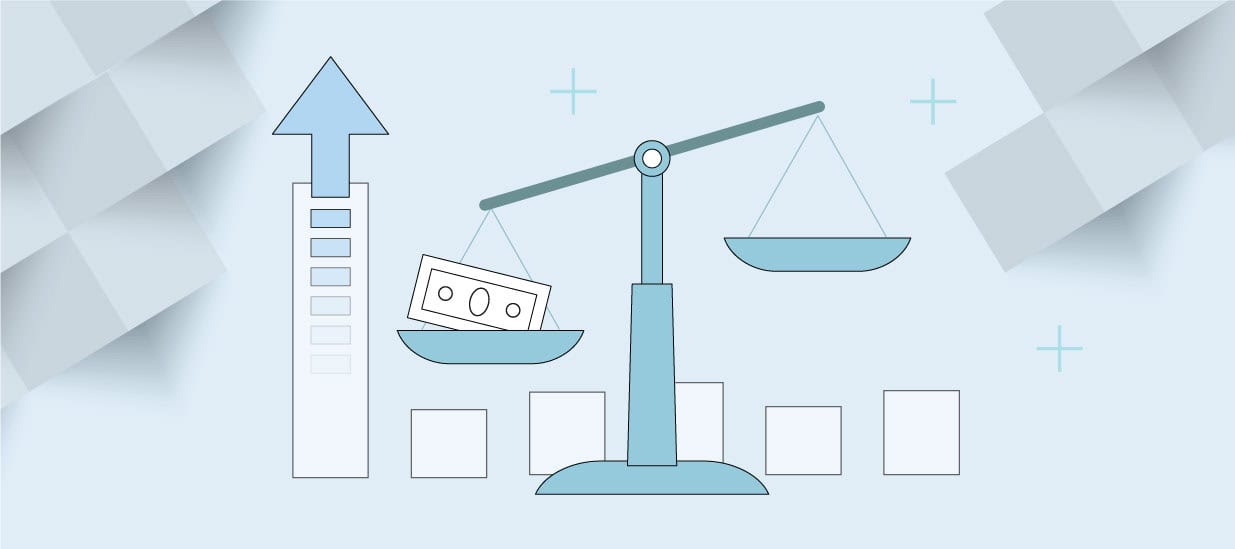 Graphic depicting a scale with dollars on one side and nothing on the other intended to indicate if surge pricing is fair or not