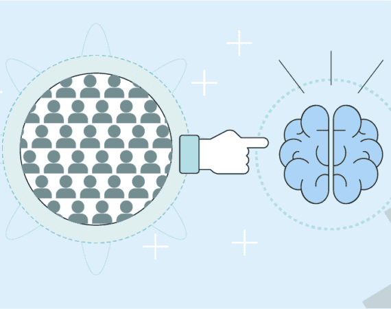 Graphic of two circles, one depicting many people, one with a brain, and a hand pointing from the people to the brain.