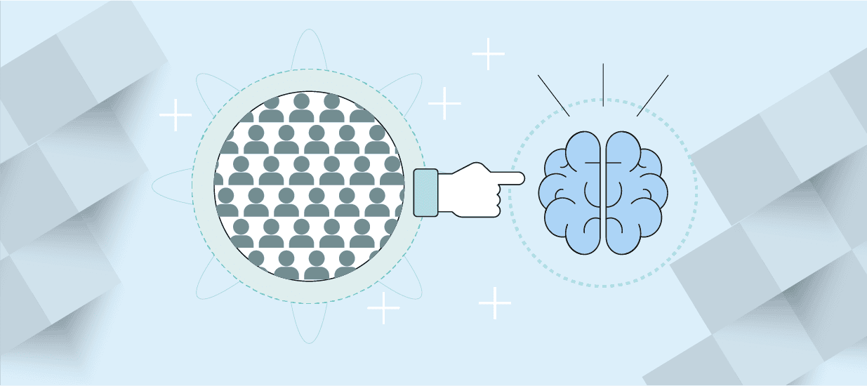 Graphic of two circles, one depicting many people, one with a brain, and a hand pointing from the people to the brain.