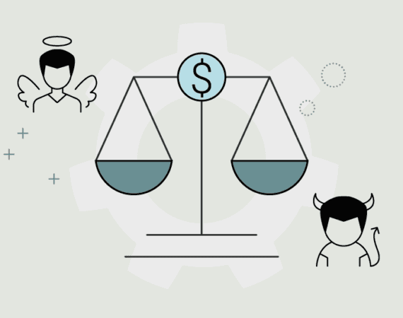 An illustration featuring an animated angel and devil in front of a pricing scale to represent ethical pricing strategies.