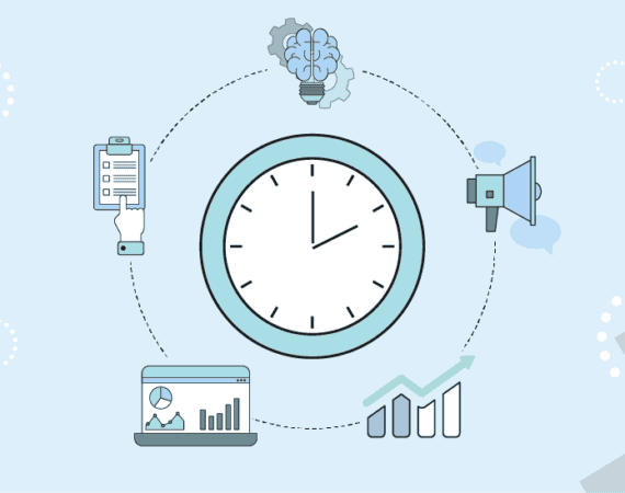 An graphic featuring a clock surrounded by images of data charts, a megaphone, and other icons representing the product life cycle and product EOL.