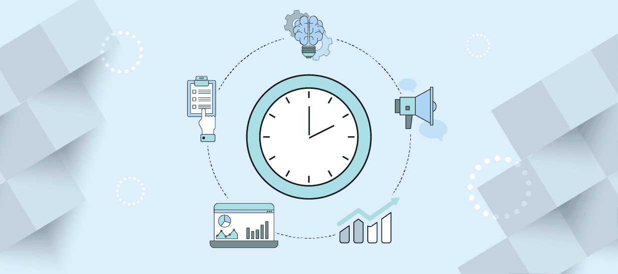 An graphic featuring a clock surrounded by images of data charts, a megaphone, and other icons representing the product life cycle and product EOL.