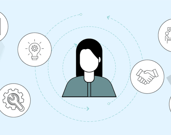 An illustration of a product manager surrounded by icons representing hard and soft skills like collaboration, data analysis, and communication.