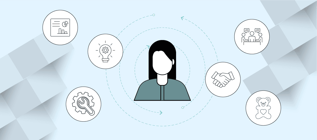 An illustration of a product manager surrounded by icons representing hard and soft skills like collaboration, data analysis, and communication.