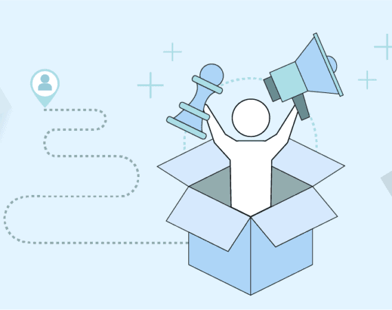 Al illustration featuring a person popping out of a cardboard box holding a microphone, to represent the career transition from marketing to product marketing.