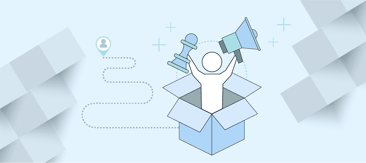 Al illustration featuring a person popping out of a cardboard box holding a microphone, to represent the career transition from marketing to product marketing.