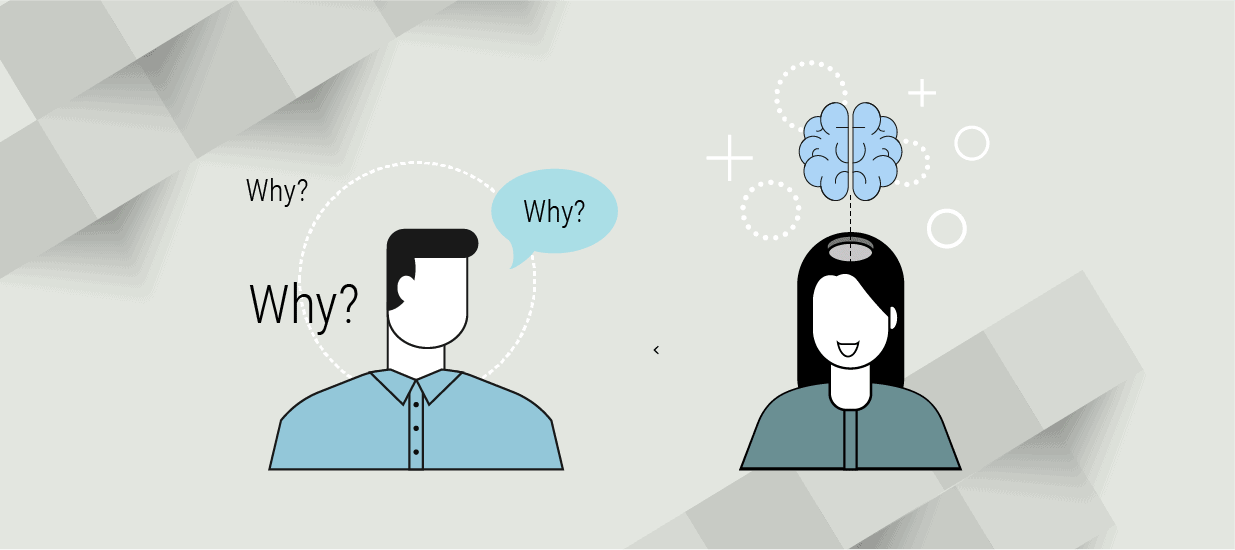 An illustration of a person reading another person's thoughts and asking "Why?" to represent a customer visit.