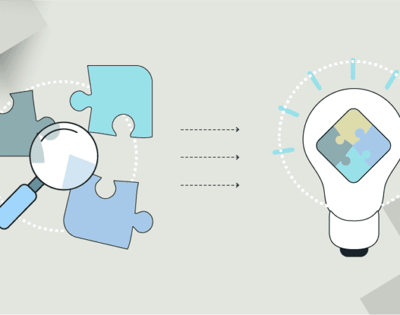 An illustration of three puzzle pieces and a magnifying glass, connecting to a lightbulb with a completed puzzle to represent market problems and solutions.