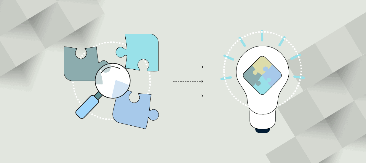An illustration of three puzzle pieces and a magnifying glass, connecting to a lightbulb with a completed puzzle to represent market problems and solutions.
