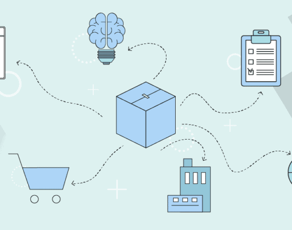 A graphic featuring an illustrated box with a shopping cart and price tags, representing product distribution strategies.