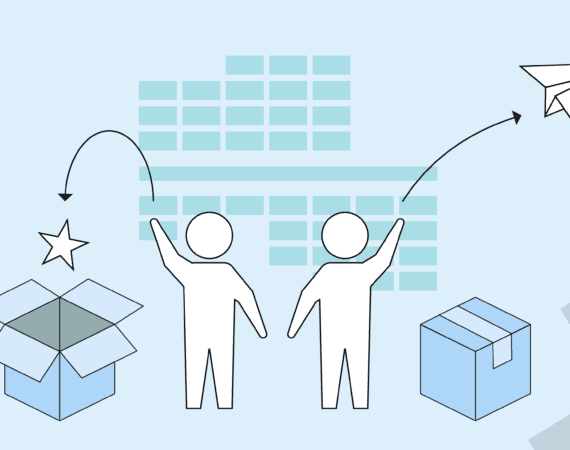 Graphic of two individuals, each with their own boxes, intending to depict a product manager and a product marketer