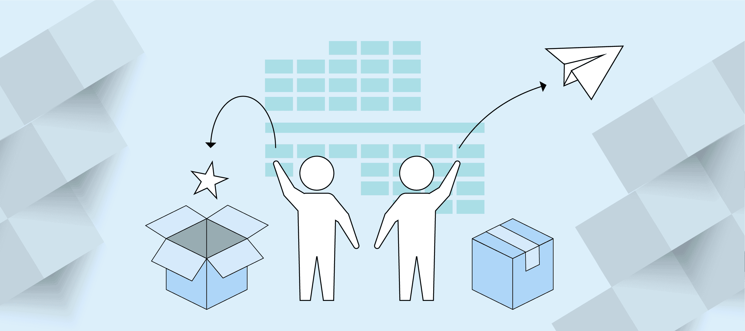 Graphic of two individuals, each with their own boxes, intending to depict a product manager and a product marketer