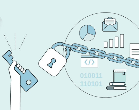 Graphic of various types of data in circle with a lock. A hand outside the circle holds the key