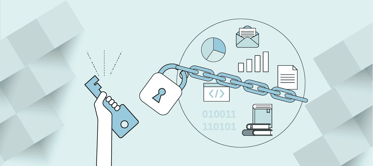 Graphic of various types of data in circle with a lock. A hand outside the circle holds the key