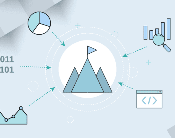 Graphic of mountain with flag, with various types of data points around it, pointing toward it