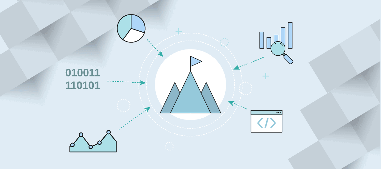 Graphic of mountain with flag, with various types of data points around it, pointing toward it