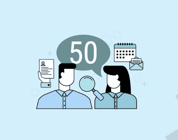 An illustration of two business professionals in a discussion, with a speech bubble containing the number 50, accompanied by icons of a resume, calendar, envelope, and magnifying glass