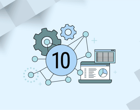 An illustration of the number 10 surrounded by interconnected gears and network nodes, with a laptop displaying charts and data