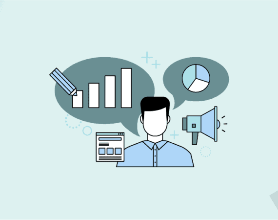 A short-haired figure surrounded by a speech bubble containing a bar graph and pencil, a speech bubble containing a pie chart, and a megaphone