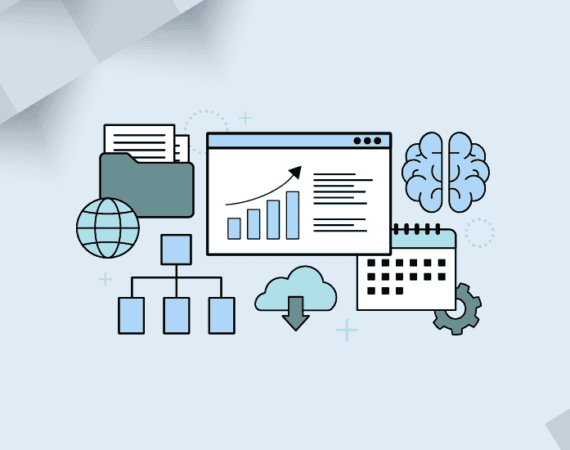 Icons including a computer with graphs, a folder with documents, a cloud download symbol, a brain, an Internet globe icon, and an organizational chart