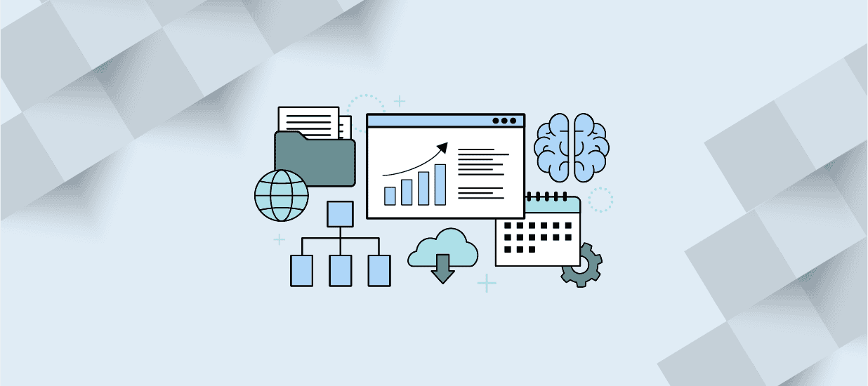 Icons including a computer with graphs, a folder with documents, a cloud download symbol, a brain, an Internet globe icon, and an organizational chart