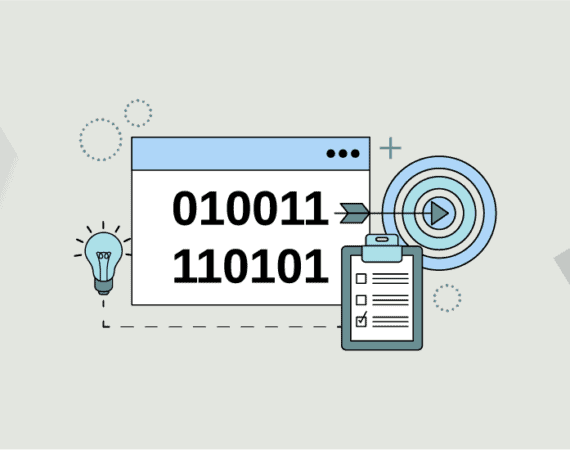 An illustration of a screen with binary on it, a lightbulb, a target with an arrow hitting the center, and a clipboard with a checklist