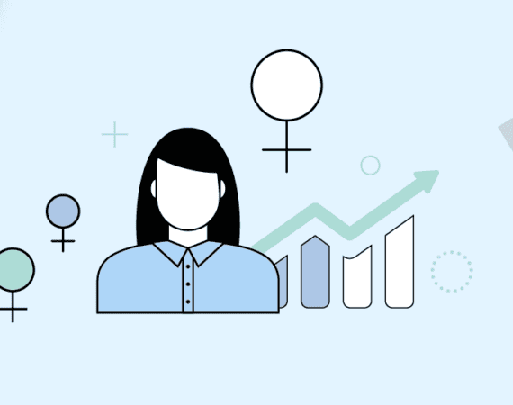 An illustration of a woman with black hair and a blue collared shirt surrounded by the female gender symbol and a graph with a line trending upwards