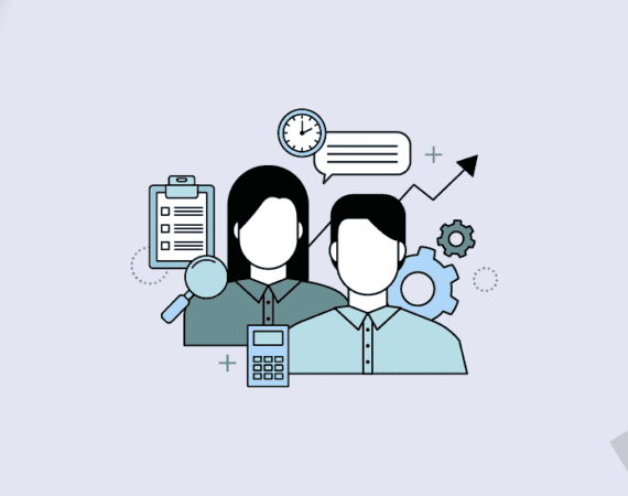 Two illustrated people representing product operations and product management, surrounded by documents and symbols.