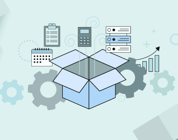 Graphic of box with various business elements around it depicting product operations