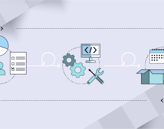 Graphic depicting product planning with people, gears turning, and a box indicating a finished product.