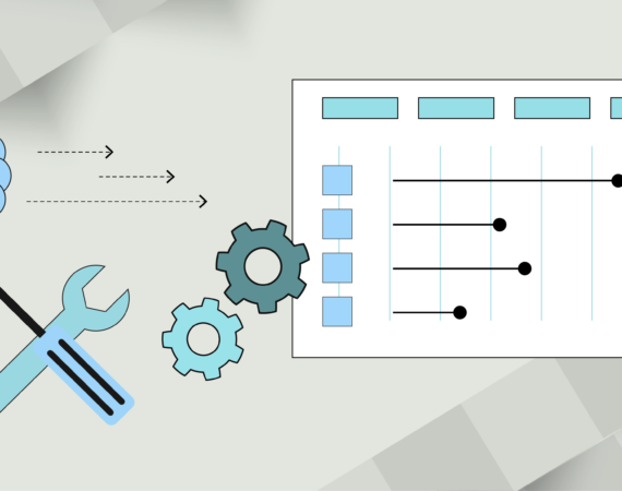 A graphic illustrating how to build a product roadmap, with tools and gears overlaying a roadmap document.