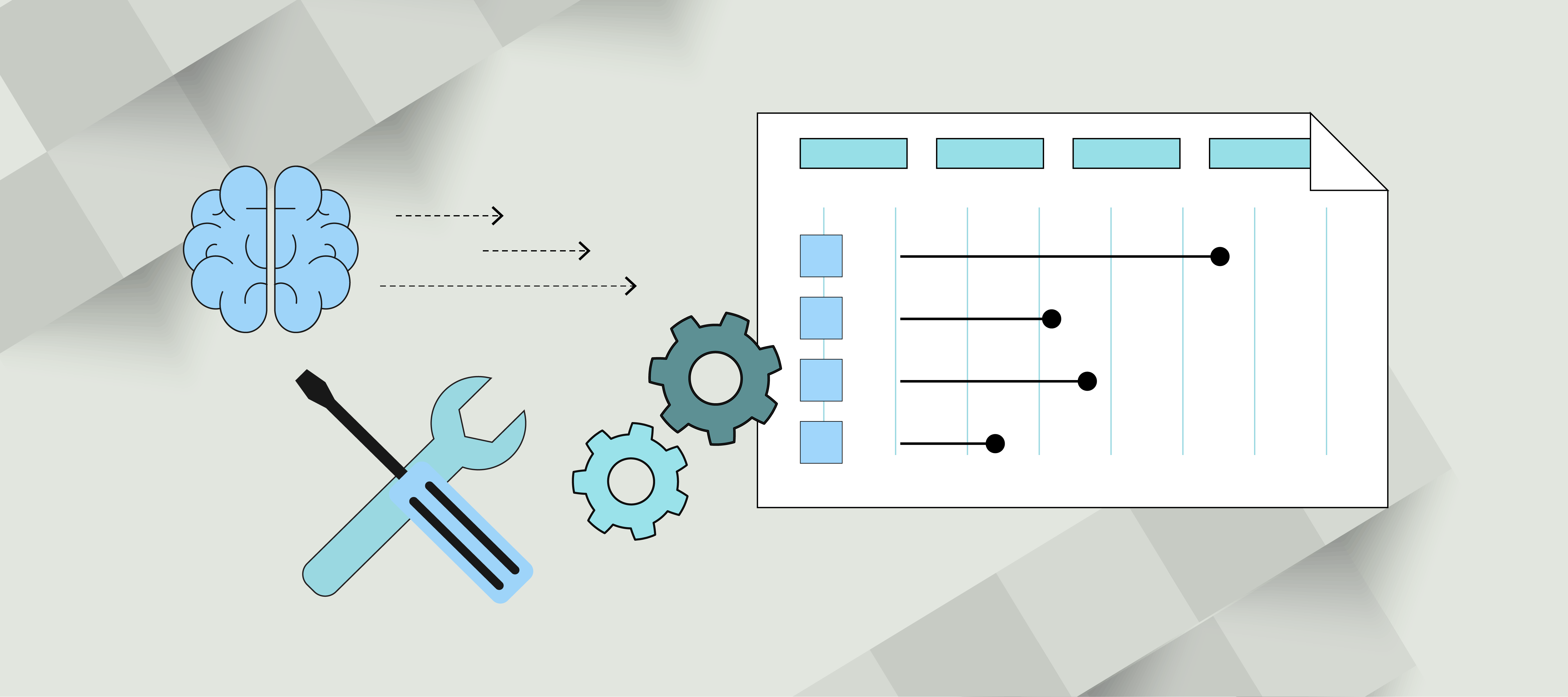 A graphic illustrating how to build a product roadmap, with tools and gears overlaying a roadmap document.
