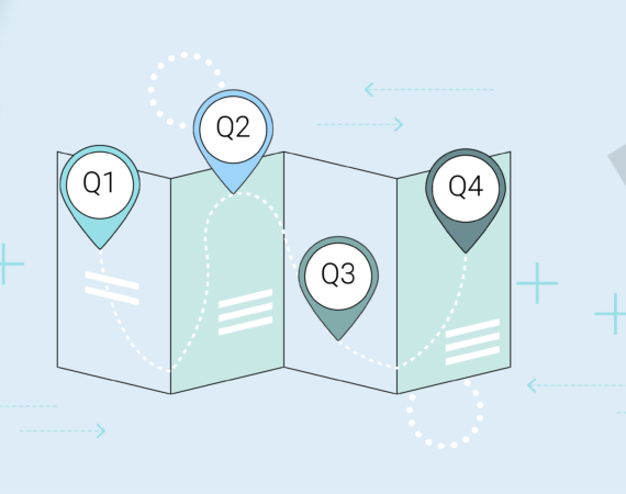 A graphic illustration of a product roadmap with milestones in each quarter of the year.