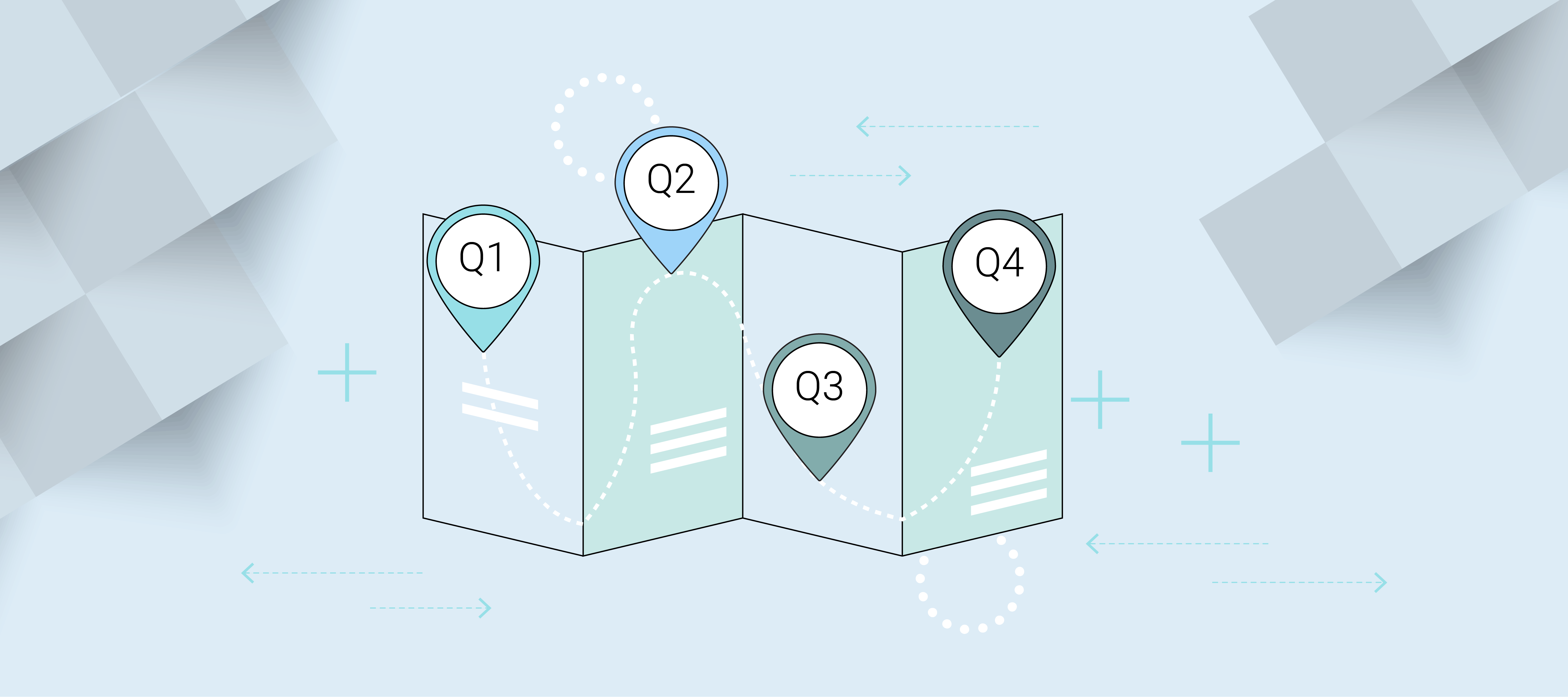 A graphic illustration of a product roadmap with milestones in each quarter of the year.