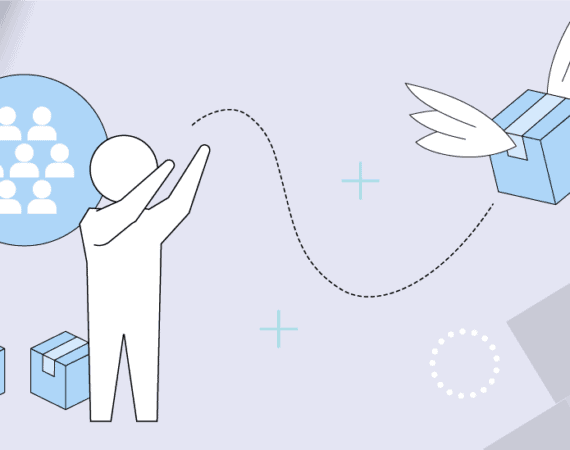 An illustration of a product marketer releasing a bog with wings into the air, to represent product marketing promoting a product.